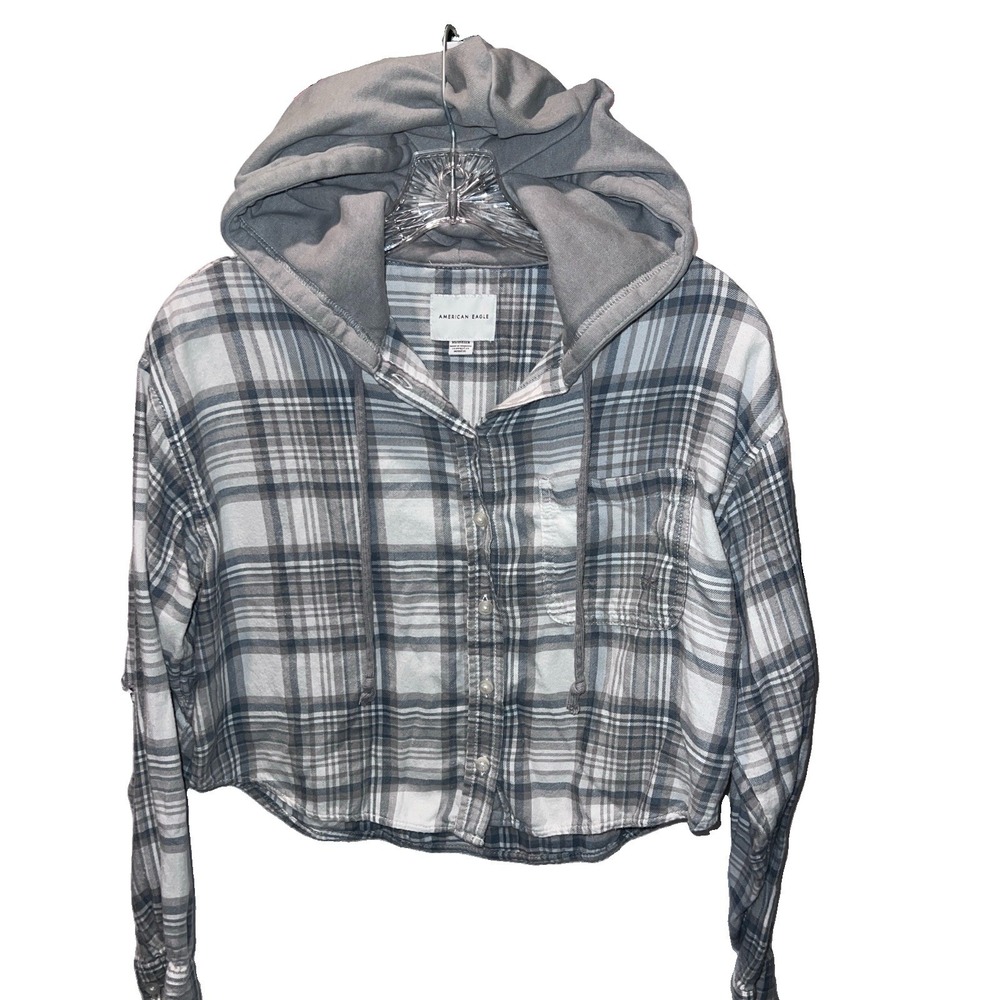American Eagle Gray Plaid Cozy Cabin Flannel Crop Hoodie Hooded Shirt Top Size S